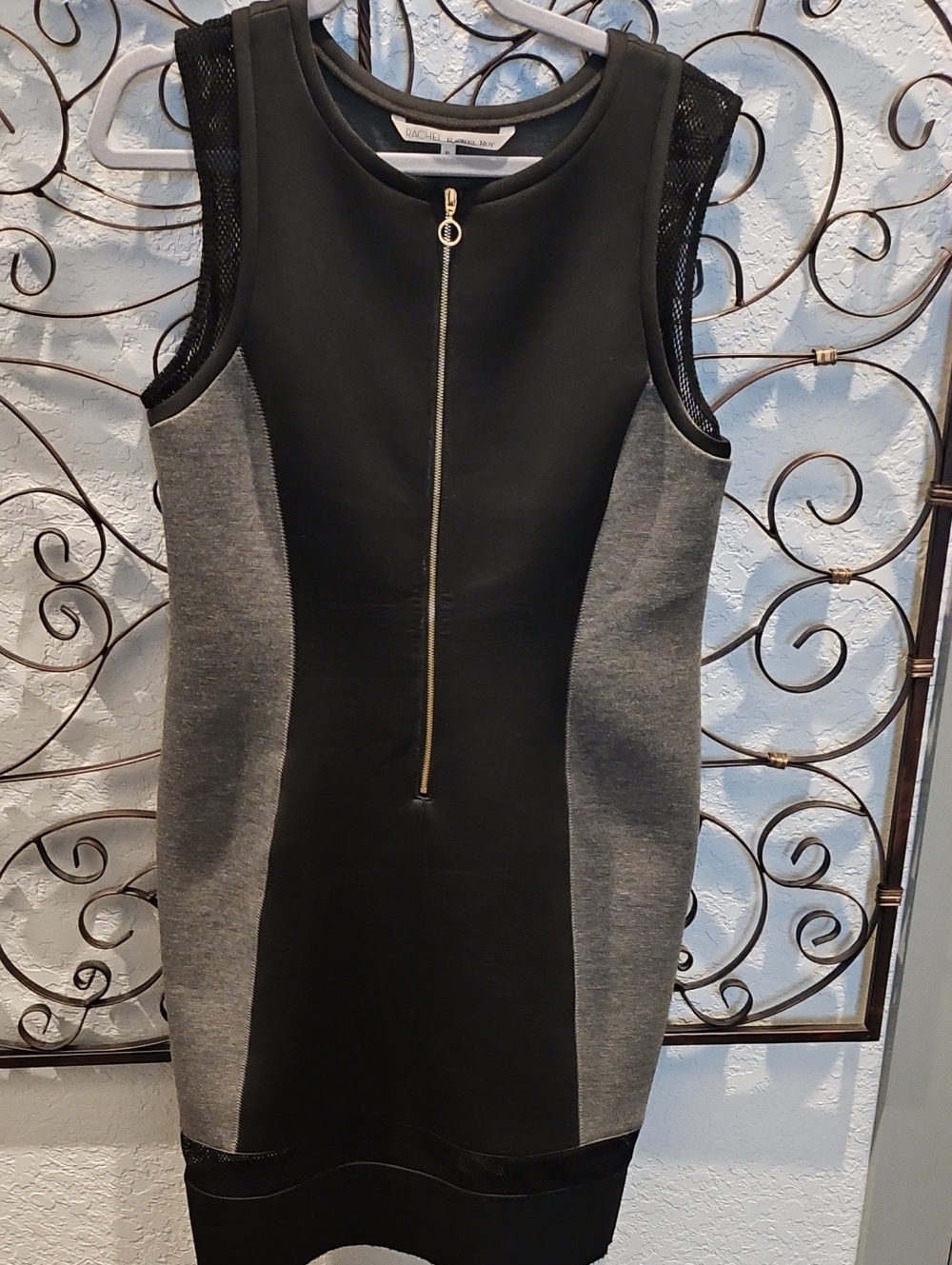 RACHEL Rachel Roy Black and Gray Colorblock Midi Dress with Front Zip